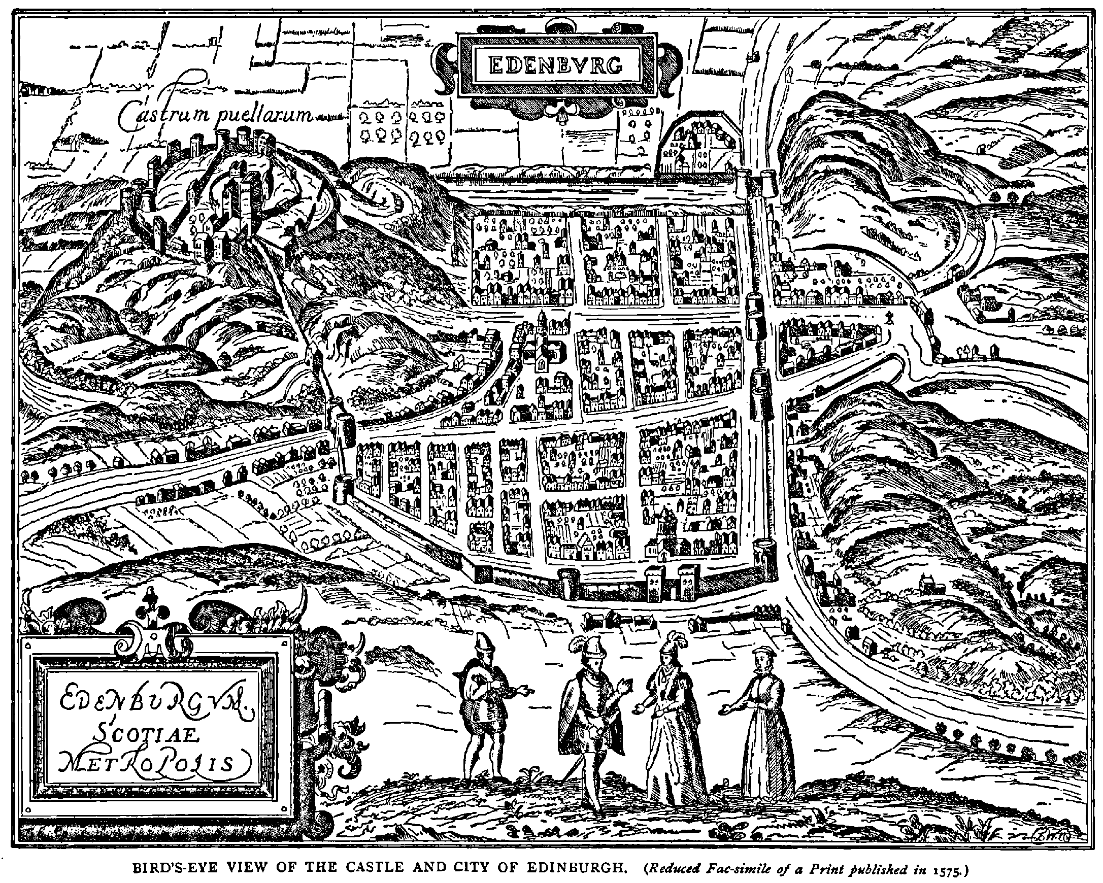 Bird's-Eye View of the Castle and City of Edinburgh. (Reduced Fac-simile of a Print published in 1575.)