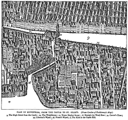 PLAN OF EDINBURGH, FROM THE CASTLE TO ST. GILES'S. (From Gwdm of Rothiemay'.o Maj.)
g, The High Street from the Castle ; 10, The Weighhouse : 15, Horse Market Street : 16, Straight (or West) Bow ; Currer's Close;
35, Liberton's Wynd ; 36, Foster's Wynd ; Z, The Kirk in the Castle Hill.