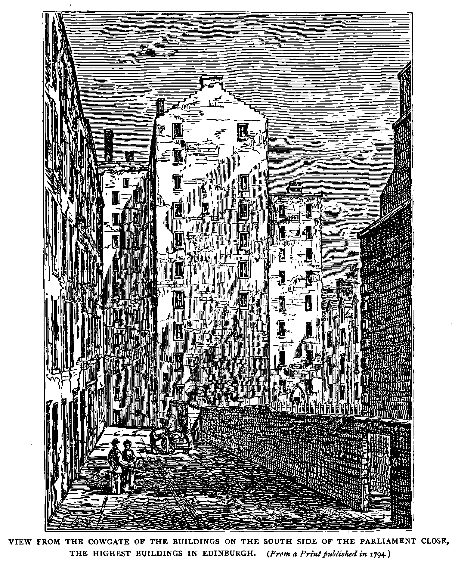 VIEW FROM THE COWGATE OF THE BUILDINGS ON THE SOUTH SIDE OF THE PARLIAMENT CLOSE,
THE HIGHEST BUILDINGS IN EDINBURGH. (From a Print published in 1794.)