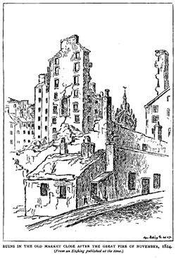 RUINS IN THE OLD MARKET CLOSE AFTER THE GREAT FIRE OF NOVEMBER, 1824.