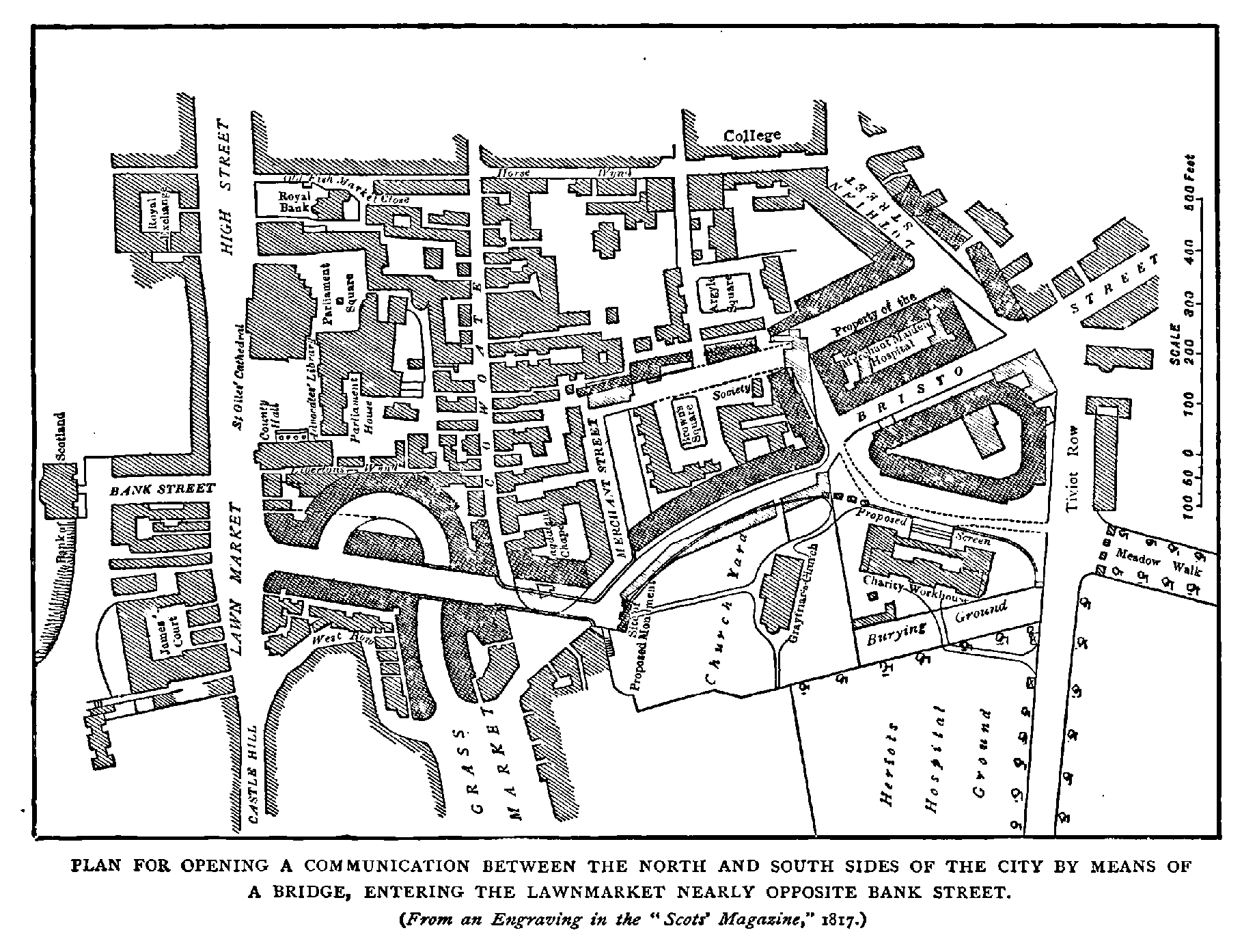 PLAN FOR OPENING A COMMUNICATION BETWEEN THE NORTH AND SOUTH SIDES OF THE CITY BY MEANS OF
A BRIDGE, ENTERING THE LAWNMARKET NEARLY OPPOSITE BANK STREET.