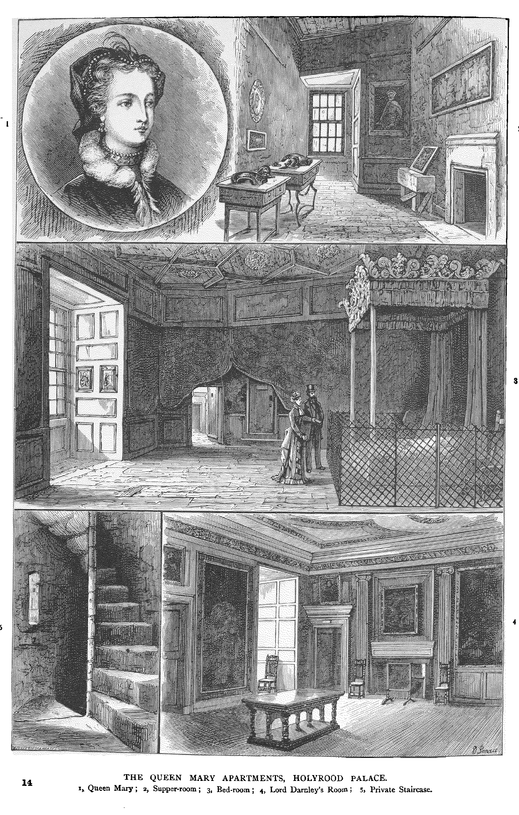 THE QUEEN MARY APARTMENTS, HOLYROOD PALACE.
1, Queen Mav; 2, Supper-room; 3, Bed-room; 4, Lord Darcley?s Room; 5, Private Staircase.