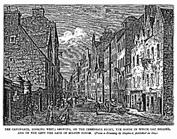 THE CANNONGATE, LOOKING WEST; SHORING, ON THE IMMEDlATE RIGHT, THE HOUSE IN WHICH GAY RESIDED,
AND ON THE LEFT THE GATE OF MILTON HOUSE. 