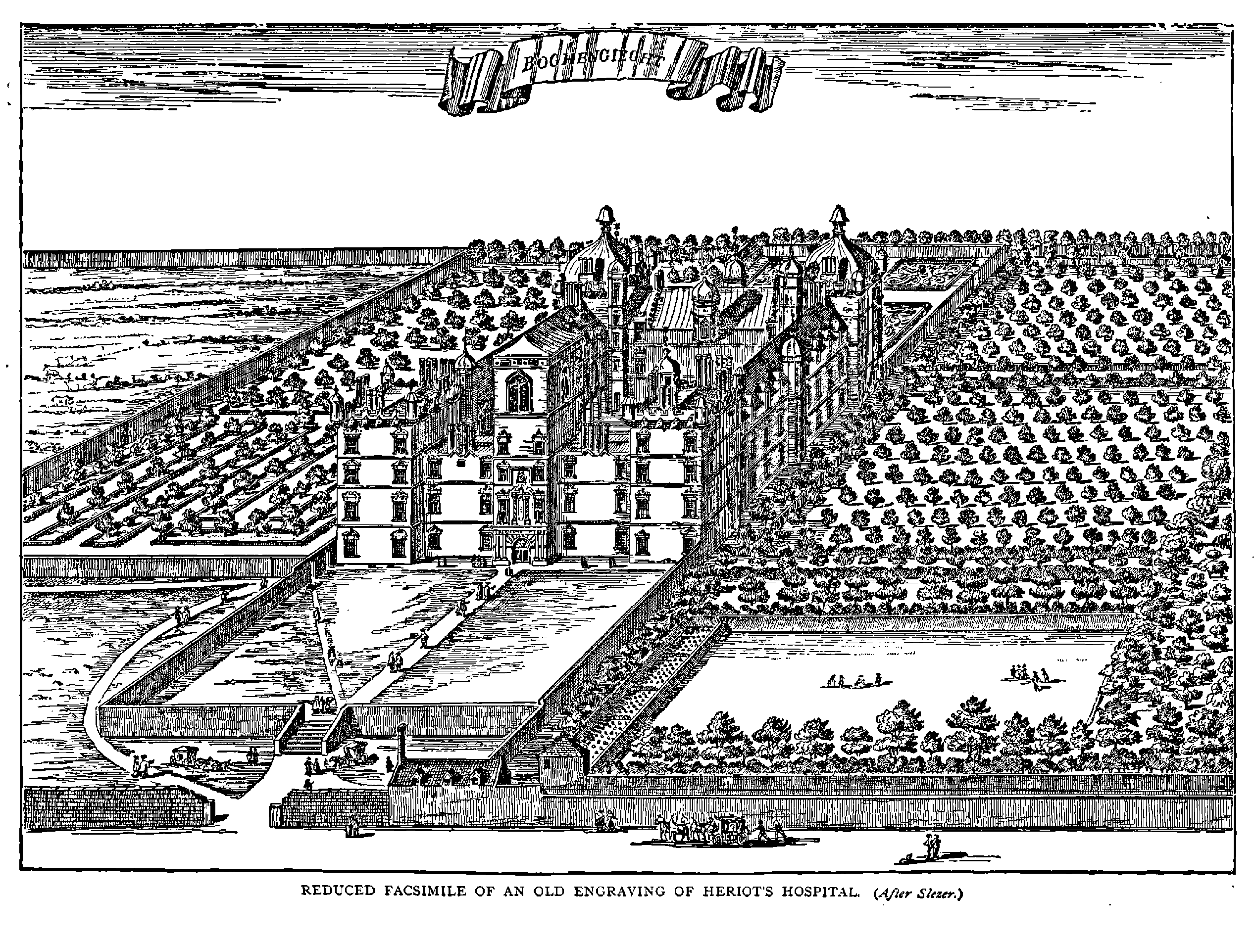 REDUCED FACSIMILE OF AN OLD ENGRAVING ON HERIOT'S HOSPITAL.