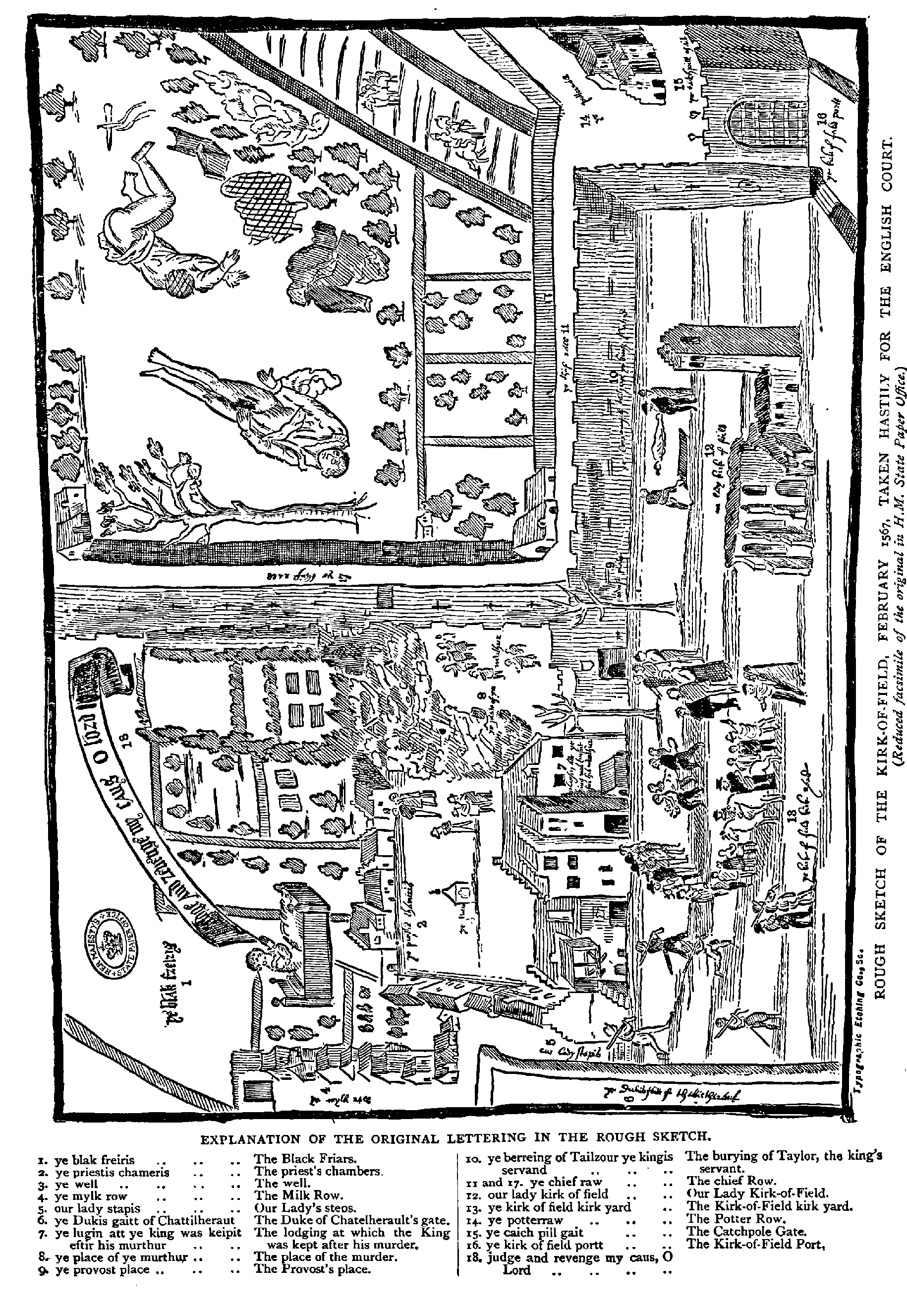 THE CONSPIRACY AGAINST DARNLEY. 5
IZ. our lady kirk of field
13. ye kirk of field kirk y i '
I+ ye potterraw .. .. .. The Pot:er Row.
15. ye caich ill gait . . . . The Catchpole Gate.
. . Our Lady Kirk-of-Field. . . The Kirk-of-Field kirk y d .
EXPLANATION OF THE ORIGINAL I
I. ye blak freiris . . . . .. The Black Friars.
a. ye priestis chameris . . . . The priest's chambers.
3. ye well .. .. . . .. The well.
4. ye mylk row . . .. . . The Milk Row.
5. our lady stapis . . Our Lady's steos.
6. ye Dukis gaitt ofchattiiieraur
7. ye lu+ att ye king was keipit
8. ye place of ye murthqr . . . . The lace of the murder.
9. ye provost place ..
The Duke of Chatelherault's gate.
The lodging at which the King
eftir his murthur . . . , was kept after his murder,
. . .. The Frovast's place.