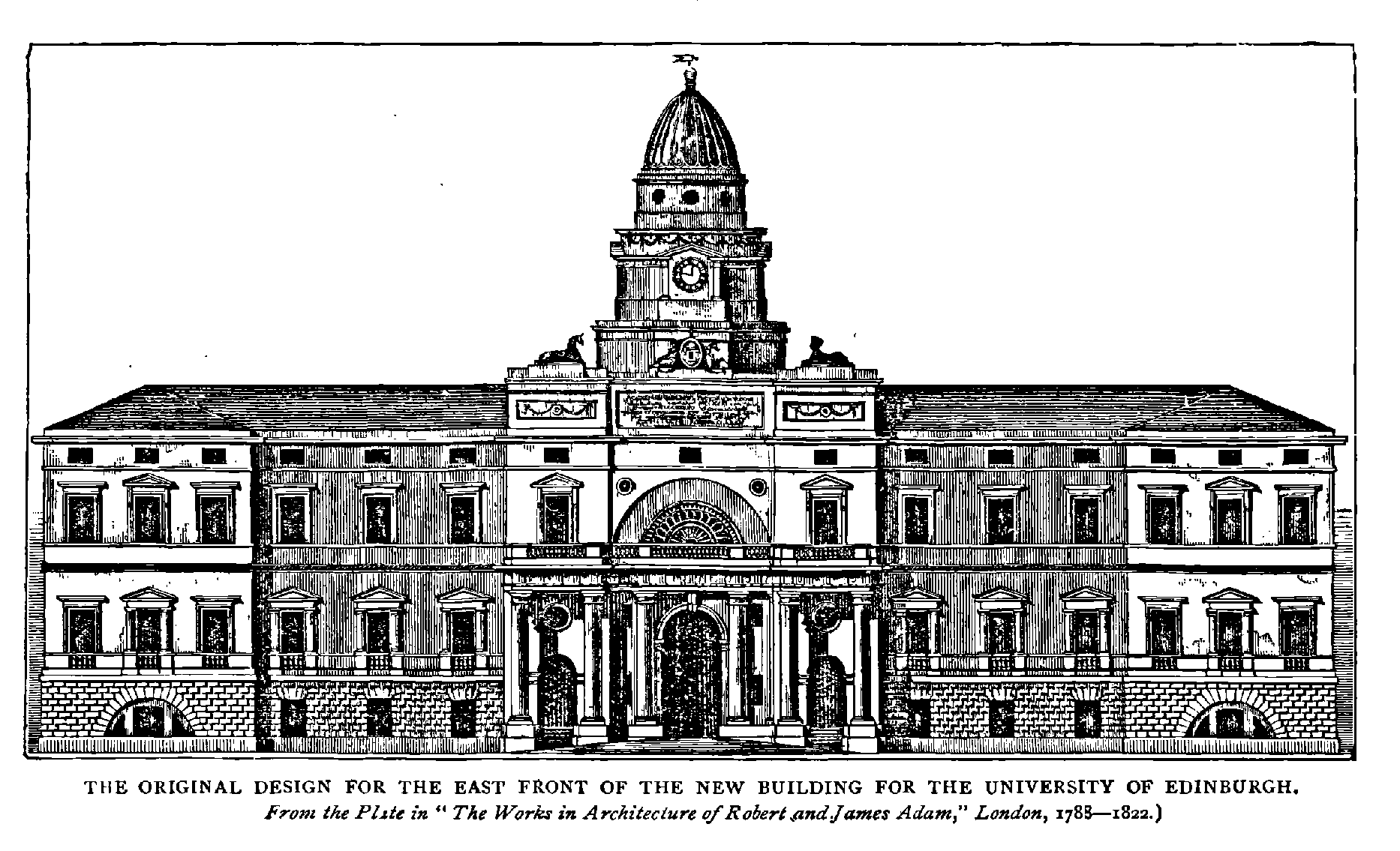 THE ORIGINAL DESIGN FOR THE EAST FRONT OF THE XEW BUILDING FOR THE UNIVERSITY OF EDINBURGH.