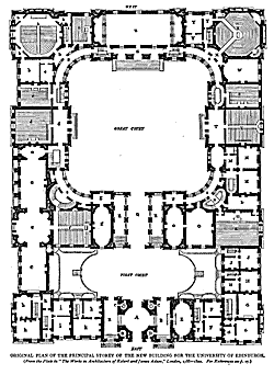 THE COLLEGE BUILDINGS. 21
ORIGINAL PLAN OF THE PRINCIPAL STOREY OF THE NEW BUILDING FOR THE UNIVERSITY OF EDINBURGH.
(Ftonr fhe Plafe in ?The Works in Architcchrrc of Robed andfams Adam,? 