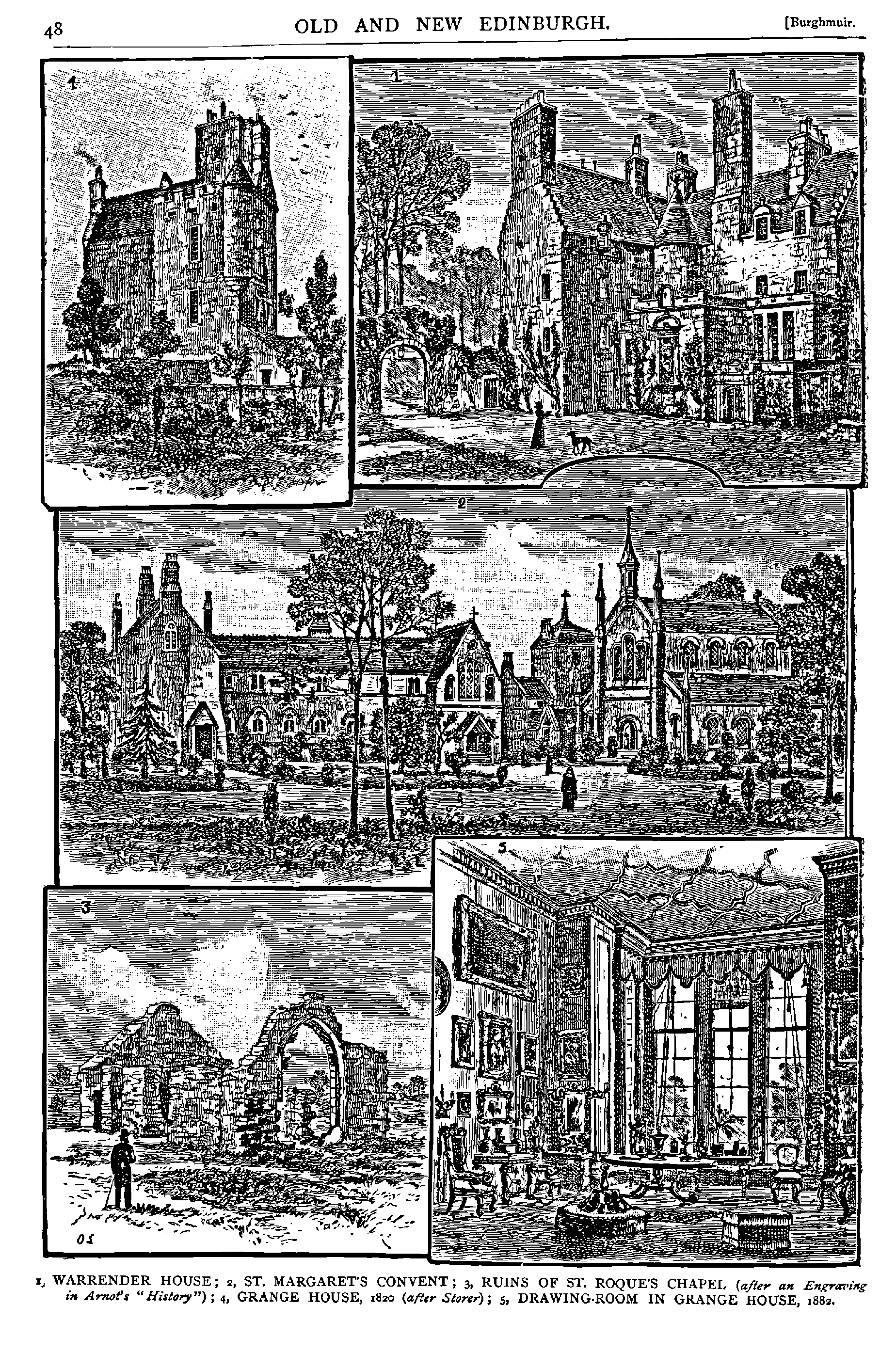 I, WARRENDER HOUSE ; I, ST. MARGARETS CONVENT ; 3, RUINS OF ST. ROQUES CHAPEI, (ateer an Engvm,iw
in A m f r ??Hixfmy?) ; 4, GRANGE HOUSE, 18zo (atter Starer); 5, DRAWING-ROOM IN GRANGE HOUSE, 3882.