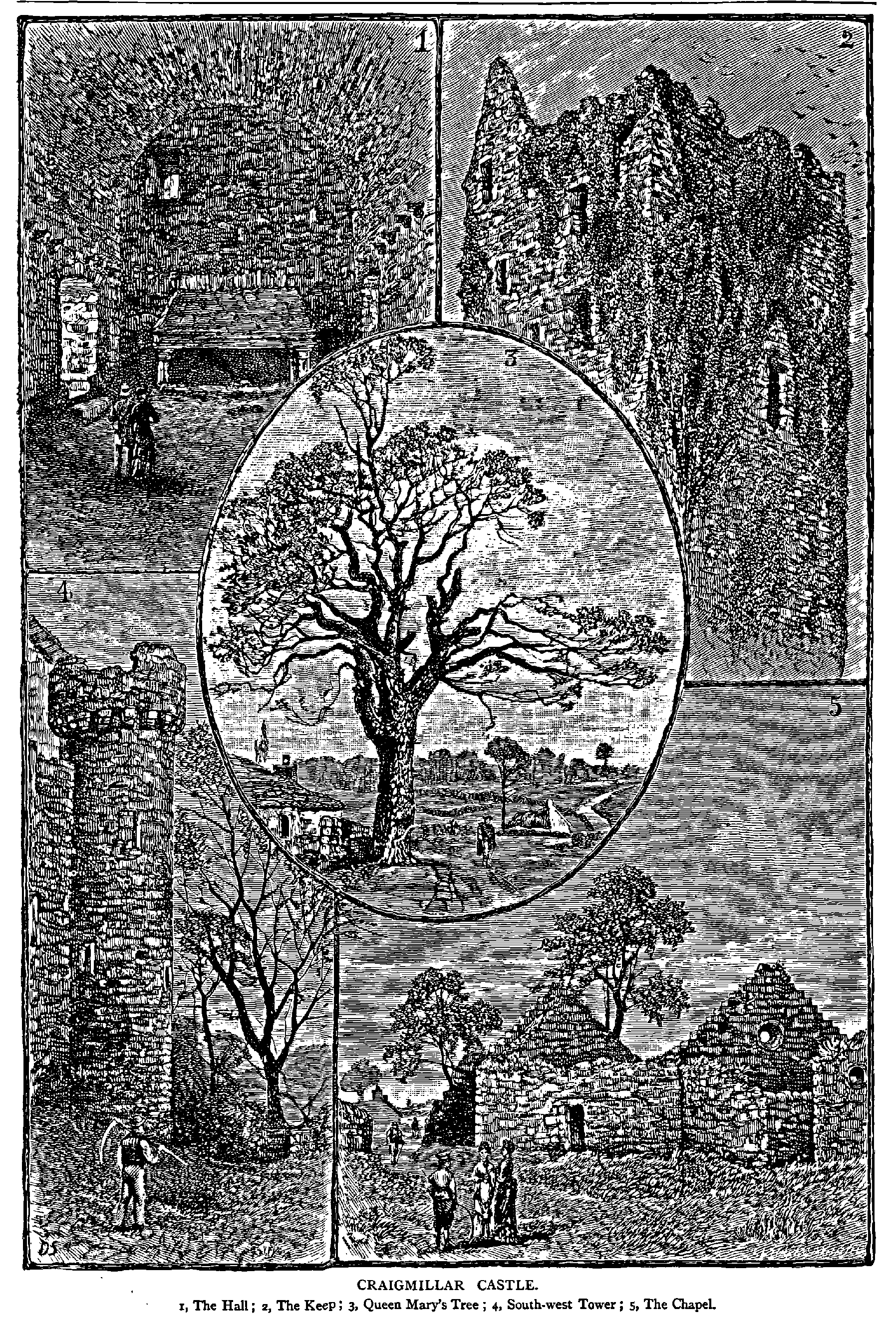CRAIGMILLAR CASTLE.
I, The Hall ; 2, The Keep ; 3. Queen Mary's Tree ; 4, South-west Tower ; 5, The Chapel