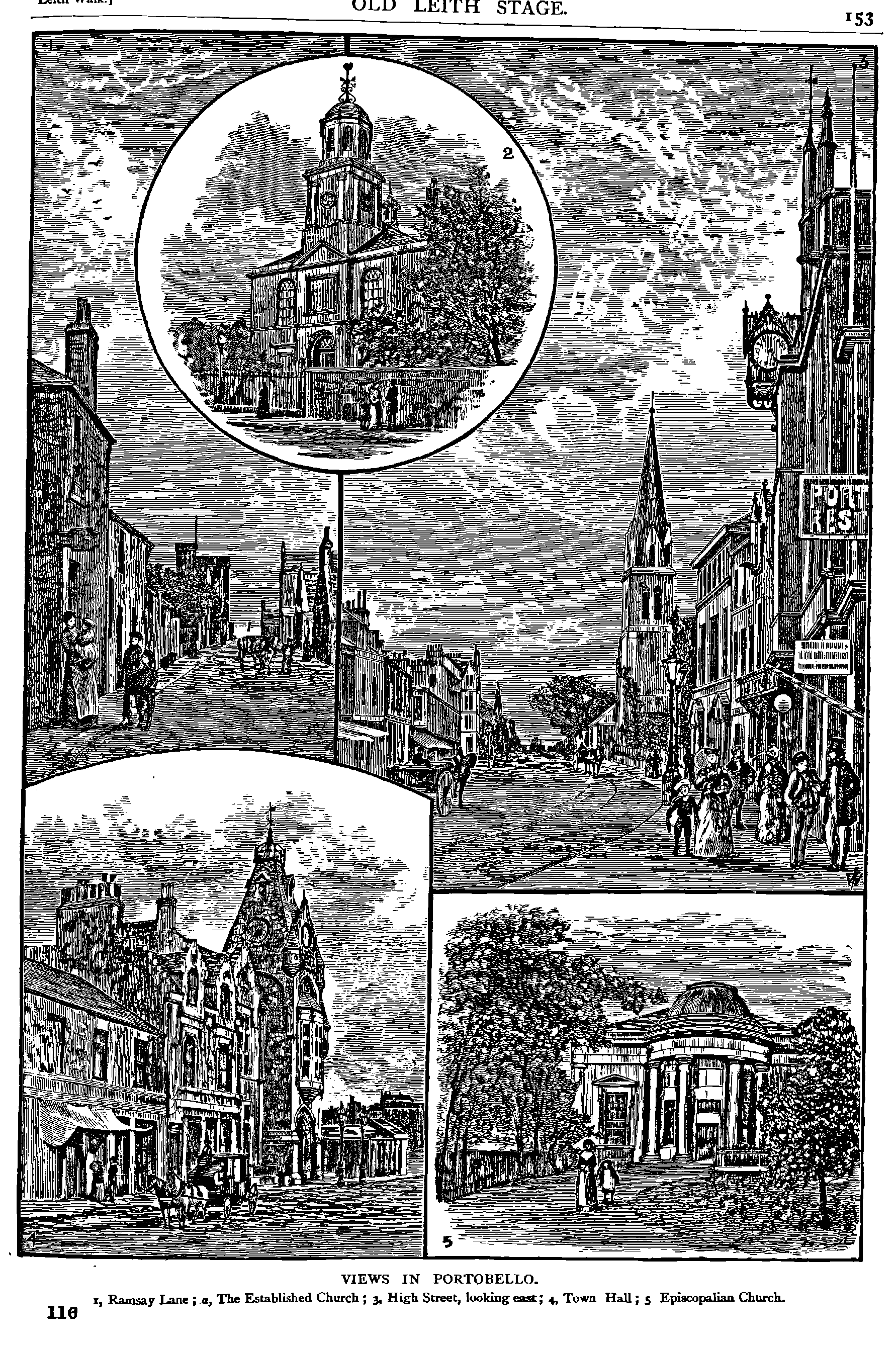 VIEWS IN PORTOBELLO.
I, Ramsag h e ; n, The Established Church ; & High Street, looking eart; + Town Hall ; 5 Episcopalisn Church.
116