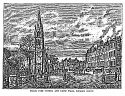 PILRIG FREE CHURCH AND LEITH WALK, LOOKING NORTH.