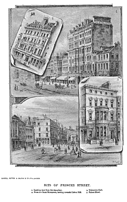 BITS OF PRINCES STREET.
I. 'Looking west from the Aquarium.
2. From the Scott Monument, looking towards Glton Hill.
3 University Club.
4. Palace HoteI.