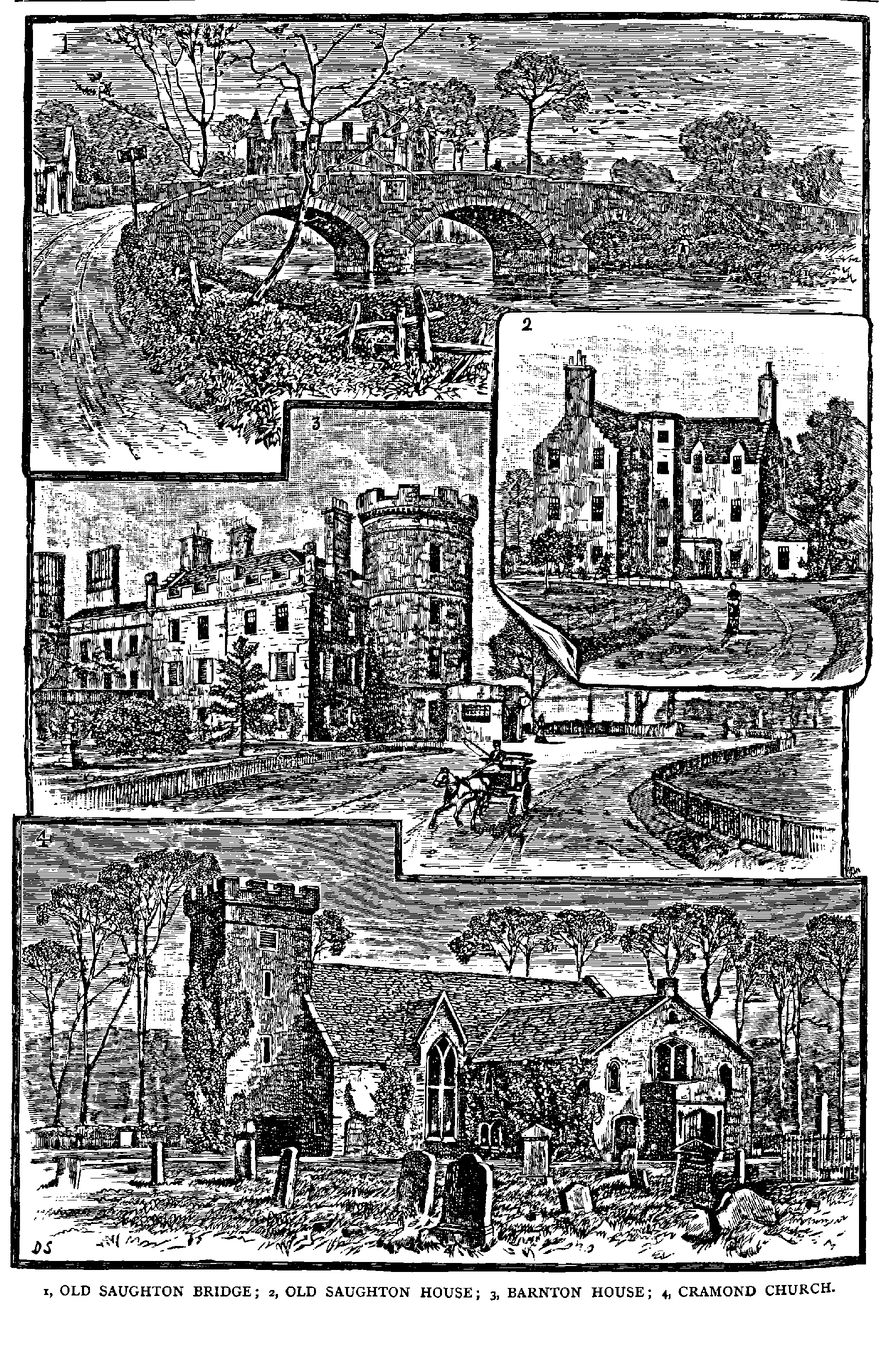 1) OLD SAUGHTON BRIDGE ; 2, OLD SAUGHTON HOUSE ; 3, BARNTON HOUSE ; 4, CRAMOND CHURCH